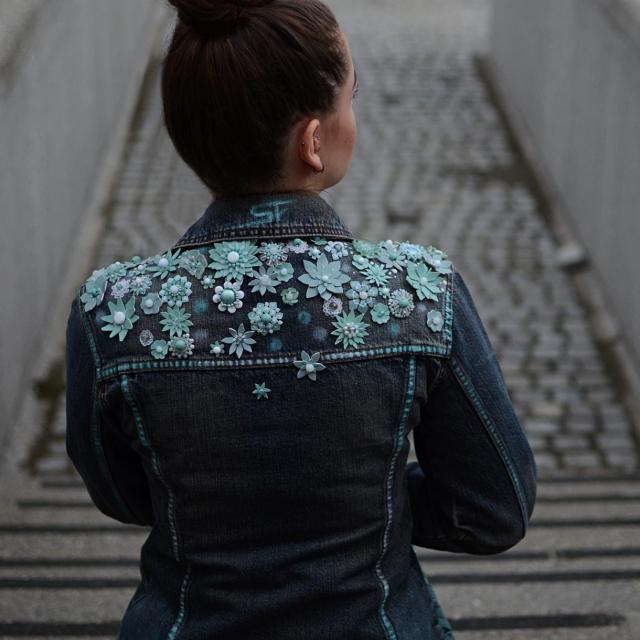 Mint recycle flowers on jean jacket